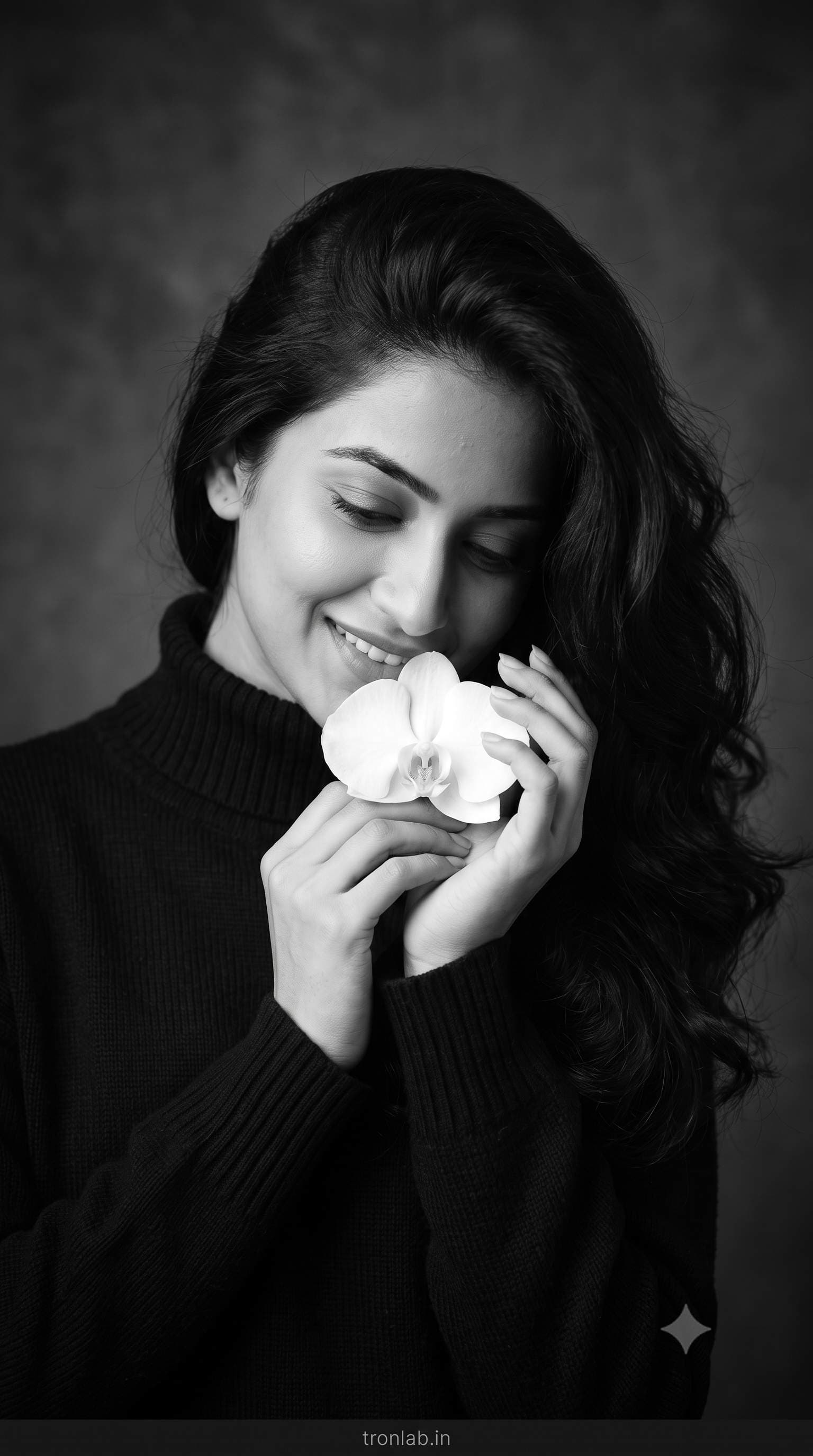 Luxury Editorial Portrait in Timeless Black & White with Soft Floral Elegance and Cinematic Lighting