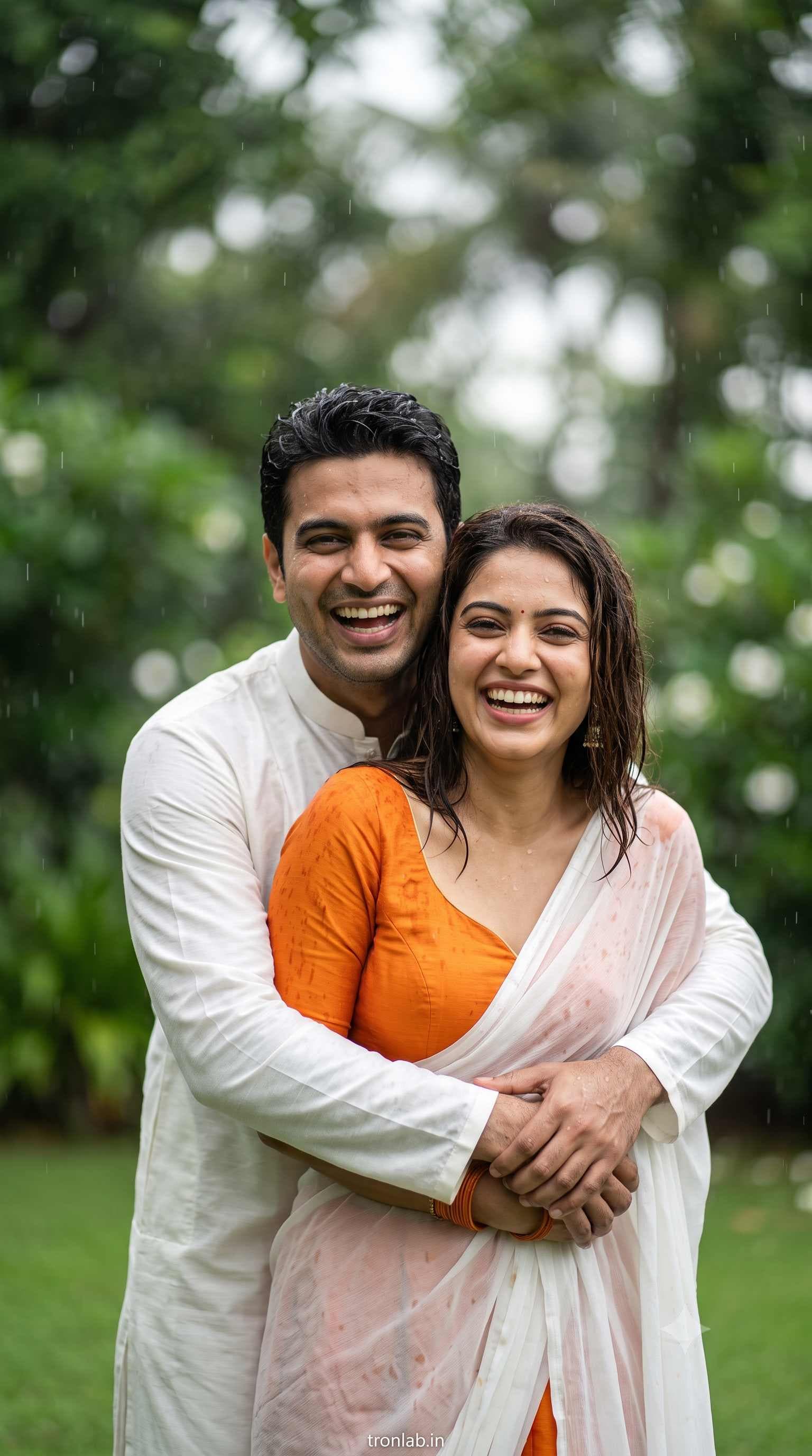 cinematic close-up portrait of a couple sharing a joyful moment in a gentle rain shower